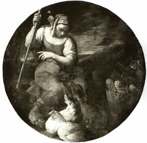 A Young Peasant Girl Pausing From Picking Grapes Seated By  Her Pet Dog And Two Chickens by Felice Boselli