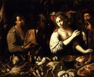 Still Life Of Poultry, Meat, Cheese, Eggs And Vegetables,   With A Boy Holding A Cockerel, And A Paper-bag