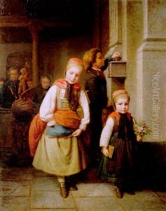 Der Opferstock. Ein Knabe Und Zwei Madchen Aus Der Kirche Kommend by Karl Friedrich Boser