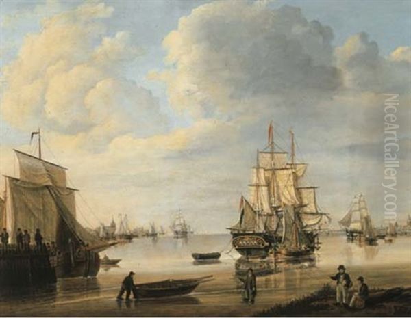 Moored Vessels, Dutch Three-masters And A Rowing Boat In A Calm, A City Beyond - view 1