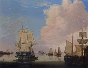 A River Estuary With A Moored Threemaster Under Sail, Sailors Disembarking Into A Boeier, Other Boats And Threemasters In The Background by Jan Hendrik Boshamer