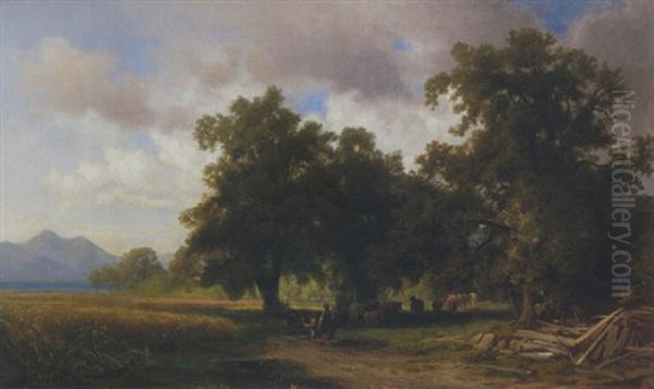 Hirtin Mit Kuhen In Chiemseelandschaft - view 1