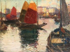 Bateaux De Moules Hollandais Ammares Dans Le Port D'anvers by Rene Bosiers