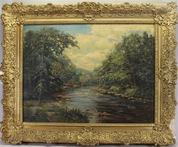 Painting Of A Lush Spring River Landscape With Mountains In The Background - view 1