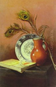Still Life With Ceramic Plate And Peacock Feathers On A Ledge