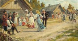 Russian Country Scene With Peasants Dancing by Michail Vasilievitch Boskin