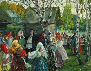 Russian Country Scene With Singing Peasants Dancing Khorovod (round Dance)
