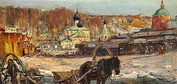 A Horse Cart In Front Of A Russian Town - view 1