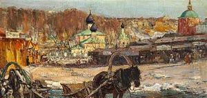 A Horse Cart In Front Of A Russian Town by Michail Vasilievitch Boskin