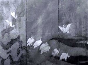 Asian Style Decorative Screen With White Heron by Frederick Andrew Bosley