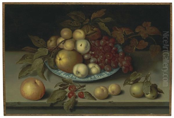 Peaches, Apples, Apricots And Grapes In A Wan Li Bowl With Cherries, Pears, Apricots And An Apple On A Ledge - view 1