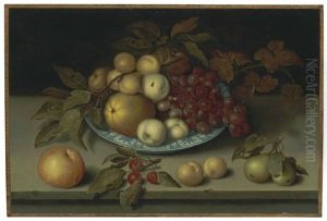 Peaches, Apples, Apricots And Grapes In A Wan Li Bowl With Cherries, Pears, Apricots And An Apple On A Ledge by Ambrosius Bosschaert the Elder