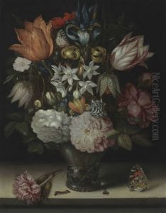 An Iris, Tulips, Narcissi, Roses And Fritillaries In A Glass Vase With Various Insects, On A Stone Ledge by Ambrosius Bosschaert the Elder