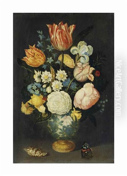 Flowers In A Gilt-mounted Wan-li Vase On A Ledge, With A Butterfly And Shell - view 1