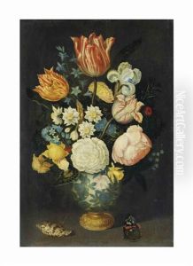 Flowers In A Gilt-mounted Wan-li Vase On A Ledge, With A Butterfly And Shell by Ambrosius Bosschaert the Elder