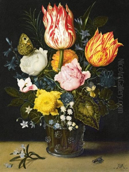 Still Life Of Flowers In A Berkemeijer Glass Beaker Decorated With Raspberry Prunts - view 1