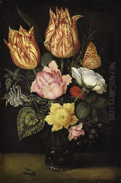 Still Life Of Tulips, Wild Roses, Cyclamen, Yellow Ranunculus, Forget-me-not And Other Flowers, In A Glass Beaker - view 1
