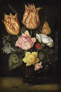 Still Life Of Tulips, Wild Roses, Cyclamen, Yellow Ranunculus, Forget-me-not And Other Flowers, In A Glass Beaker