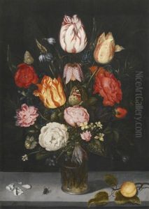 Still Life Of Flowers In A Glass Vase With A Peach, Fly And Petals On A Stone Ledge by Ambrosius Bosschaert the Elder