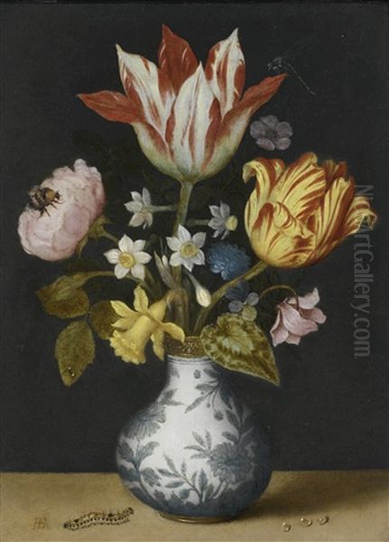 Still Life Of Flowers In A Wan-li Vase, Including Tulips, Narcissi, A Sweet-briar, Liver-leaf, Cyclamen, Wild Pansy And A Rose, With A Dragonfly, Bumblebee And Caterpillar - view 1