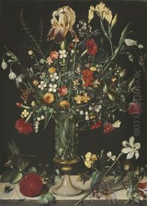 A Still Life Of Flowers, Including Irises, Narcissi, Lily-of-the-valley And Carnations, In A Tall Glass Vase Set On A Stone Ledge by Ambrosius Bosschaert the Elder
