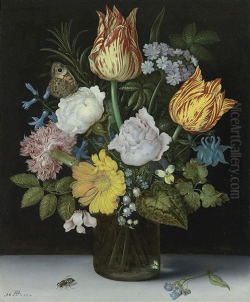 Still Life Of Variegated Tulips, Roses, A Hyacinth, A Primrose, A Violet, Forget-me-nots, A Columbine, Lily Of The Valley, A Cyclamen, A Marigold And A Carnation All In A Glass Vase, With A Butterfly And Housefly - view 1