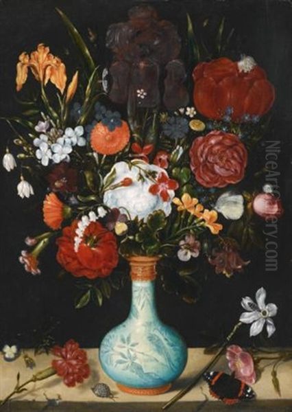 Still Life Of Roses, Marigolds, Aquilegia, Violets, Convolvulus, Hollyhocks - view 1