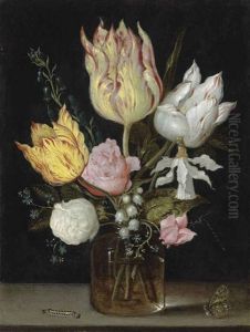 Tulips, Roses, Bluebells, Narcissus Tortuosis, Forget-me-nots, Lily Of The Valley And Cyclamen In A Flask On A Stone Ledge With A Caterpillar... by Ambrosius Bosschaert the Elder