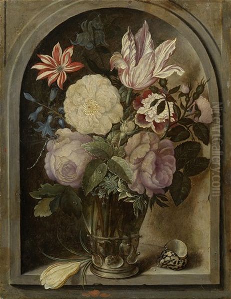 Roses, A Tulip, Hyacinths And Other Flowers In A Glass Roemer Beside A Crocus Flower And Shell In A Stone Niche - view 1