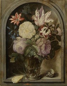 Roses, A Tulip, Hyacinths And Other Flowers In A Glass Roemer Beside A Crocus Flower And Shell In A Stone Niche