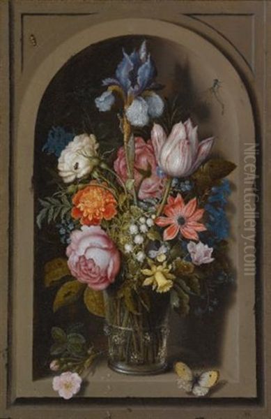 A Still Life Of Flowers In A Glass Beaker Set In A Marble Niche - view 1