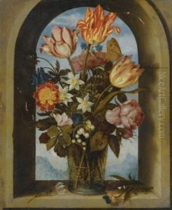 Still Life Of Tulips, Moss-roses, Lily-of-the-valley And Other Flowers In A Glass Beaker Set In An Arched Stone Window Opening, With A Distant Landscape Beyond by Ambrosius Bosschaert the Elder