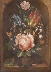 Blumenstuck Mit Eidechse, Muschel, Kafer Und Fliege