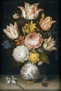 Blumenstrauss In Einer Vase Mit Tulpen, Rosen, Narzissen, Einer Akelei, Einem Alpenveilchen, Einer Ranunkel, Anemone Und Einem Roten Admiralsschmetterling Blumenstrauss In Einer Vase Mit Tulpen, Rosen, Narzissen, Einer Akelei, Einem Alpenveilchen, Einer Ranunkel, Anemone Und Einem Roten Admiralsschmetterling