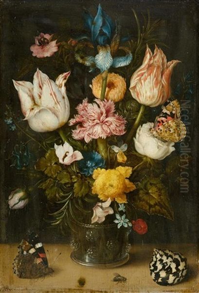 Blumenstrauss Mit Tulpen, Schwertlilie, Gartennelke, Ringelblume, Rosmarinblattern Und Anderen Bluten In Einem Romer Mit Schmetterlingen - view 1
