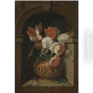 A Still Life Of Tulips, Roses, Morning Glory And Other Flowers In A Sculpted Bronze Vase In A Niche by Ambrosius Bosschaert the Elder