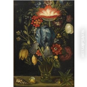 A Still Life With Various Flowers In A Roemer Together With Shells And A Violet On A Ledge