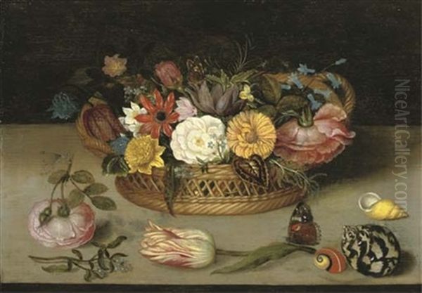 Roses, Tulips And Other Flowers In A Basket With Flowers, Shells, And A Butterfly On A Ledge - view 1