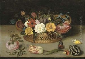 Roses, Tulips And Other Flowers In A Basket With Flowers, Shells, And A Butterfly On A Ledge by Ambrosius Bosschaert the Elder