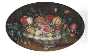 Tulips, Roses, Morning Glory And Other Flowers In A Bowl On A Table by Ambrosius Bosschaert the Elder