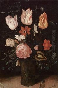 A Rose, Tulips, Forget-me-nots And Other Flowers In A Glass Vase On A Ledge With A Butterfly by Ambrosius Bosschaert the Elder