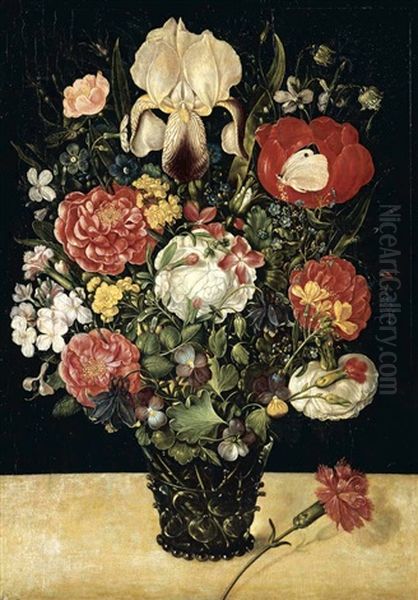 Still Life Of Flowers, Including Roses, An Iris, Carnations, Marigolds And Forget-me-nots In A Glass Vase - view 1