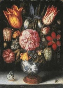Tulips, A Rose, An Iris, A Carnation, Snakeshead Fritillaries, A Columbine And Other Flowers In A Porselein Vase, With A Butterfly And A Fly On A Stone Ledge
