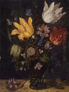Parrot Tulips And Other Flowers In A Roemer, With A Carnation And A Butterfly On A Ledge by Ambrosius Bosschaert the Elder
