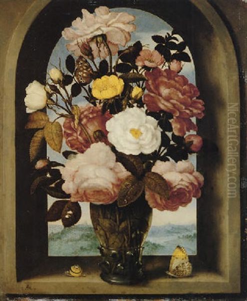 A Still Life Of Roses In A Berkemeijer Glass, With Butterflies And A Snail, In An Arched Stone Window With A Landscape Beyond - view 1