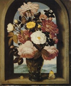 A Still Life Of Roses In A Berkemeijer Glass, With Butterflies And A Snail, In An Arched Stone Window With A Landscape Beyond by Ambrosius Bosschaert the Elder