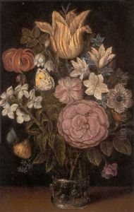 A Rose, A Tulip, An Iris, And Other Flowers In A Glass Vase, With A Butterfly by Ambrosius Bosschaert the Elder