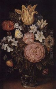 Bouquet De Fleurs Dans Un Vase De Verre Pose Sur Un Entablement by Ambrosius Bosschaert the Elder