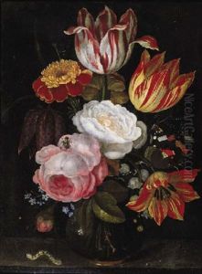Tulips, Roses, Lily-of-the-valley, Forget-me-nots And Other Flowers In A Glass Vase With A Caterpillar, A Butterfly And A Fly On A Stone Ledge
