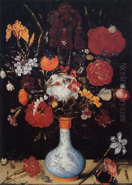 Roses, Marigolds, Aquilegia, Violets, Convolvulus, Hollyhocks, Peonies And Other Flowers In A Vase With A Butterfly And Snail On A Ledge - view 1